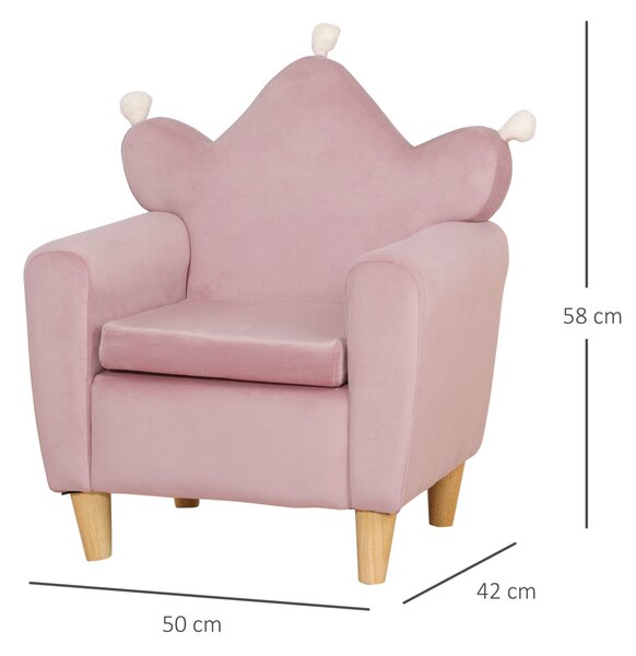 HOMCOM Gyerekfotel Korona háttámlával és vastag párnázással, Gyerekfotel bársony és fahatású szövetből, 50,2 x 41,9 x 57,8 cm, Rózsaszín