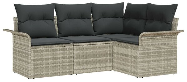 4 Részes Kerti Kanapé Szett Párnákkal Világosszürke Poly Rattan, 2 személyes Kerti Kanapé Tárolóval és Párnákkal Világosszürke Poly Rattan