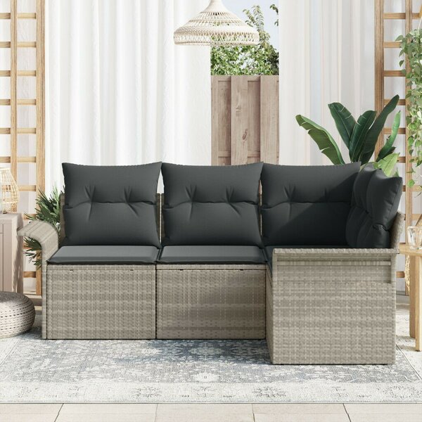 4 Részes Kerti Kanapé Szett Párnákkal Világosszürke Poly Rattan, 2 személyes Kerti Kanapé Tárolóval és Párnákkal Világosszürke Poly Rattan