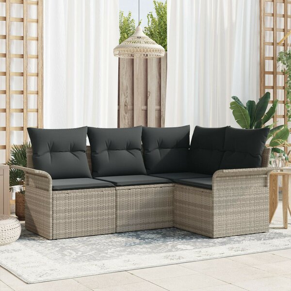 4 Részes Kerti Kanapé Szett Párnákkal Világosszürke Poly Rattan, 2 személyes Kerti Kanapé Tárolóval és Párnákkal Világosszürke Poly Rattan