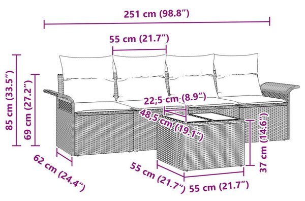 5 Darab Kert Kanapé Szett Párnákkal Szürke Poli Rattan