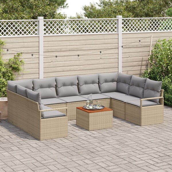 10 Darabos Kerti Sofa Szett Párnákkal Bézs Poli Rattan Akác, 2-Személyes Kerti Sofa Párnákkal Bézs Poli Rattan