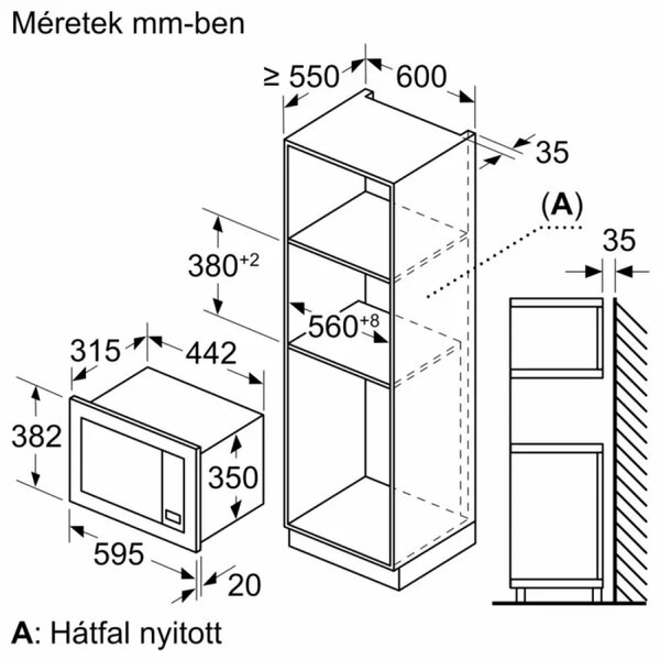 BOSCH BFL623MB4 Beépíthető mikrohullámú sütő, Serie2, 800W, 20 liter, Digitális kijelzés (piros), TouchControl vezérlés, balra nyíló