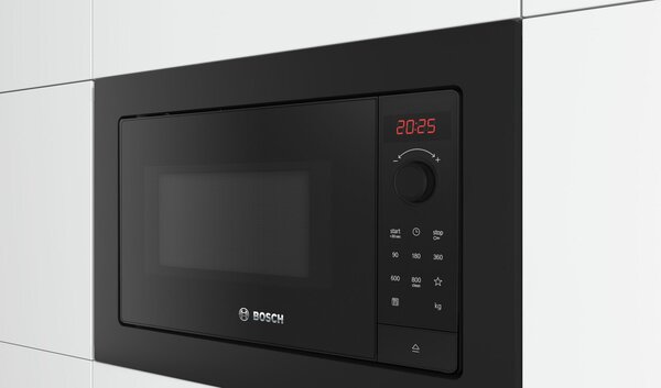 BOSCH BFL623MB4 Beépíthető mikrohullámú sütő, Serie2, 800W, 20 liter, Digitális kijelzés (piros), TouchControl vezérlés, balra nyíló