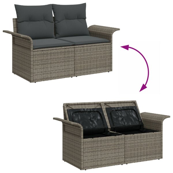5 Darabos Kert Sofa Készlet Párnákkal Szürke Poli Rattan Akác, 2-Személyes Kert Sofa Tárolóval és Párnákkal Szürke Poli Rattan