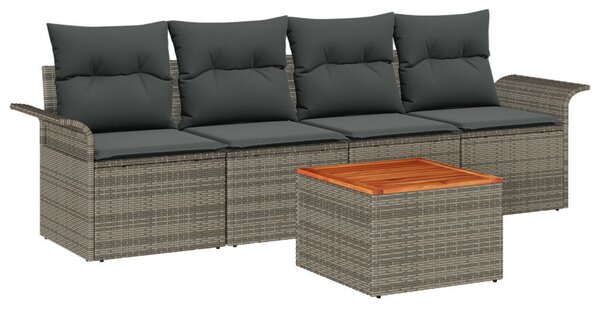 5 Darabos Kert Sofa Készlet Párnákkal Szürke Poli Rattan Akác, 2-Személyes Kert Sofa Tárolóval és Párnákkal Szürke Poli Rattan