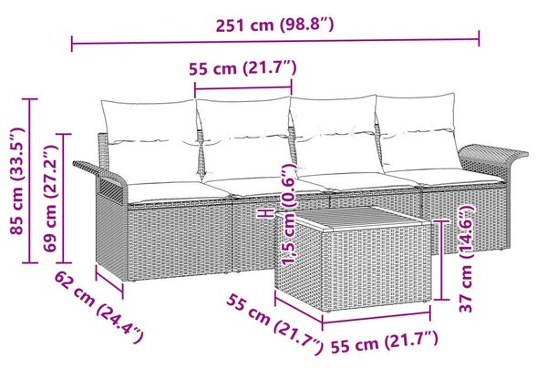 5 Darabos Kert Sofa Készlet Párnákkal Szürke Poli Rattan Akác, 2-Személyes Kert Sofa Tárolóval és Párnákkal Szürke Poli Rattan