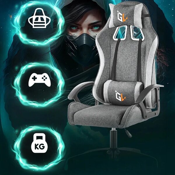 Zola ergonomikus gamer forgószék, nyak-/hátpárnával, állítható magasságú, 100 kg terhelhetőség, 360°-ban forgatható, szürke