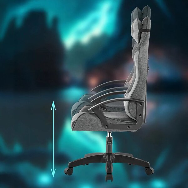 Zola ergonomikus gamer forgószék, nyak-/hátpárnával, állítható magasságú, 100 kg terhelhetőség, 360°-ban forgatható, szürke