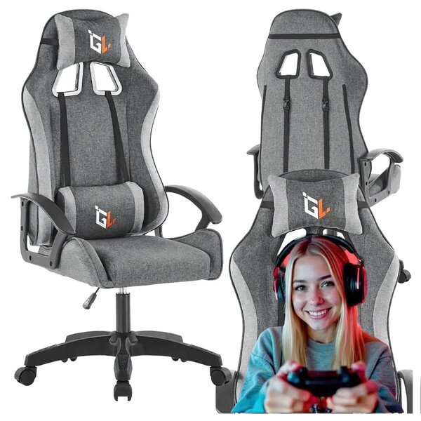 Zola ergonomikus gamer forgószék, nyak-/hátpárnával, állítható magasságú, 100 kg terhelhetőség, 360°-ban forgatható, szürke