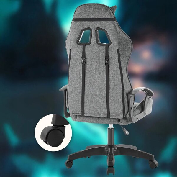 Zola ergonomikus gamer forgószék, nyak-/hátpárnával, állítható magasságú, 100 kg terhelhetőség, 360°-ban forgatható, szürke