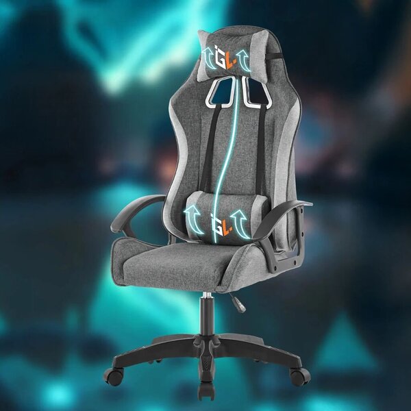 Zola ergonomikus gamer forgószék, nyak-/hátpárnával, állítható magasságú, 100 kg terhelhetőség, 360°-ban forgatható, szürke