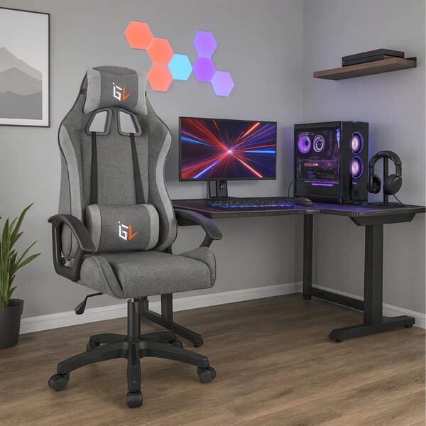 Zola ergonomikus gamer forgószék, nyak-/hátpárnával, állítható magasságú, 100 kg terhelhetőség, 360°-ban forgatható, szürke
