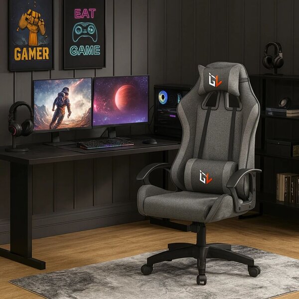 Zola ergonomikus gamer forgószék, nyak-/hátpárnával, állítható magasságú, 100 kg terhelhetőség, 360°-ban forgatható, szürke