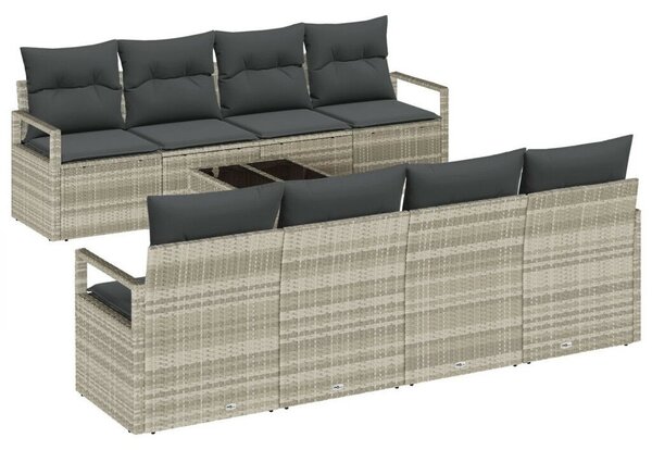 9 Darabos Kerti Kanapé Szett Párnákkal Világosszürke Poli Rattan, 2 Fős Kerti Kanapé Párnákkal Szürke Poli Rattan