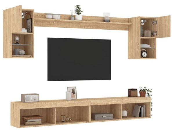 VidaXL 6 darab füstös tölgy színű szerelt fa TV-bútor LED-del