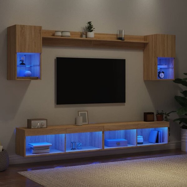 VidaXL 6 darab füstös tölgy színű szerelt fa TV-bútor LED-del