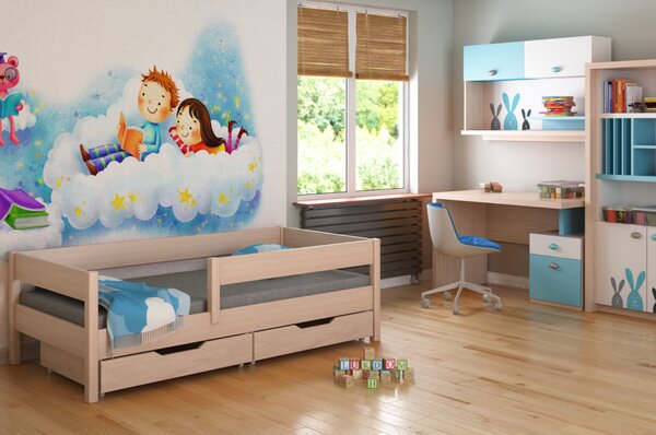 KONDELA Gyerekágy biztonsági akadállyal, fehérített tölgy, 90x200, MIX