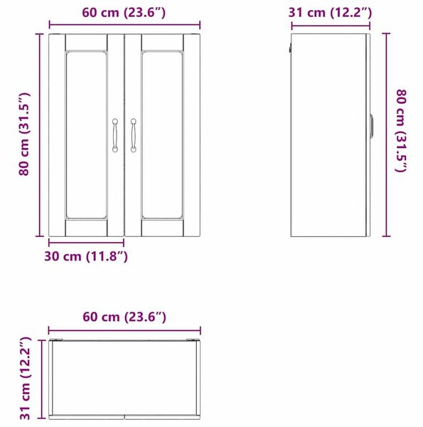 VidaXL Fali üveges szekrény PORTO Sonoma tölgy 60 x 31 x 80 cm Faanyag