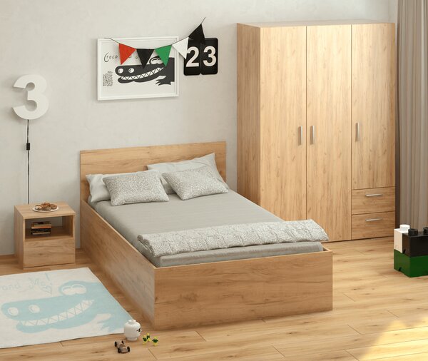 KONDELA Ágy fém ráccsal és tárolóhellyel, 120x200, tölgy craft arany, DOLI