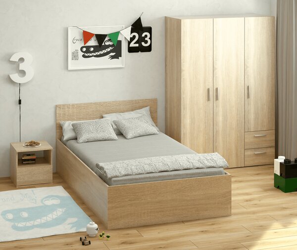 KONDELA Ágy fém ráccsal és tárolóhellyel, 120x200, sonoma tölgy, DOLI