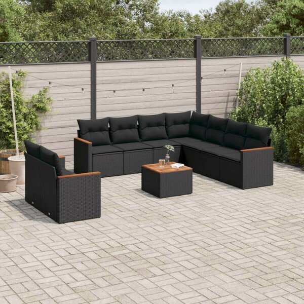 VidaXL 10 részes fekete polyrattan kerti ülőgarnitúra párnákkal