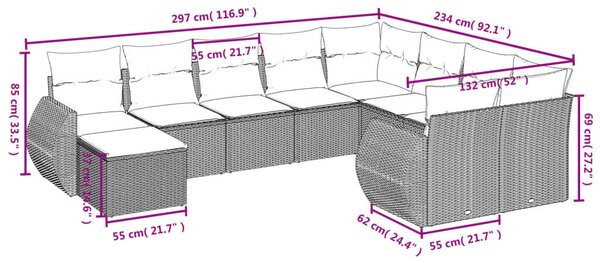 VidaXL 10 db szürke polyrattan kerti kanapégarnitúra párnákkal