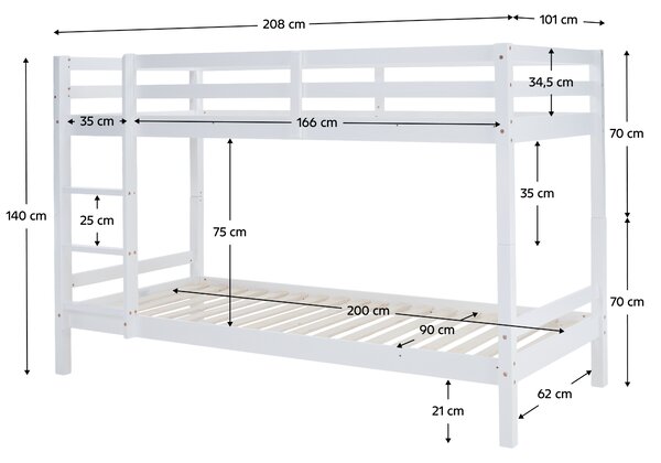KONDELA Emeletes ágy, 90x200, tömör fa, fehér, INEZA