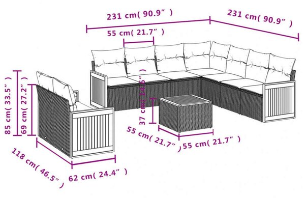 VidaXL Polyrattan Kerti Ülőgarnitúra - 10 részes - Fekete