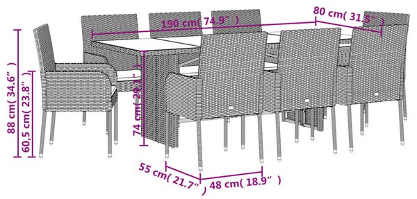 VidaXL Polyrattan Kerti Étkezőgarnitúra - 9 részes - Fekete