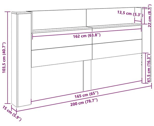 VidaXL Fejtámla fejtámlával Artisan tölgy 200 x 15 x 103,5 cm Faanyag