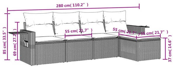 VidaXL 5 részes fekete polyrattan kerti kanapészett párnákkal