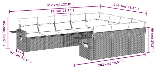 VidaXL 10 részes barna polyrattan kerti ülőgarnitúra párnákkal