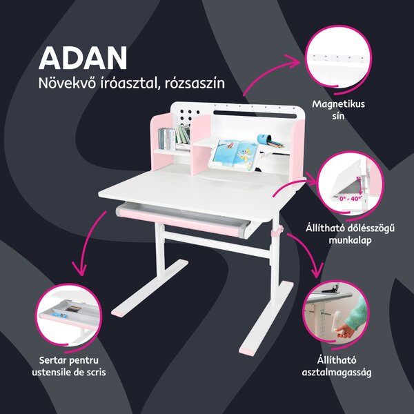 KONDELA Növekvő íróasztal, rózsaszín/fehér, ADAN