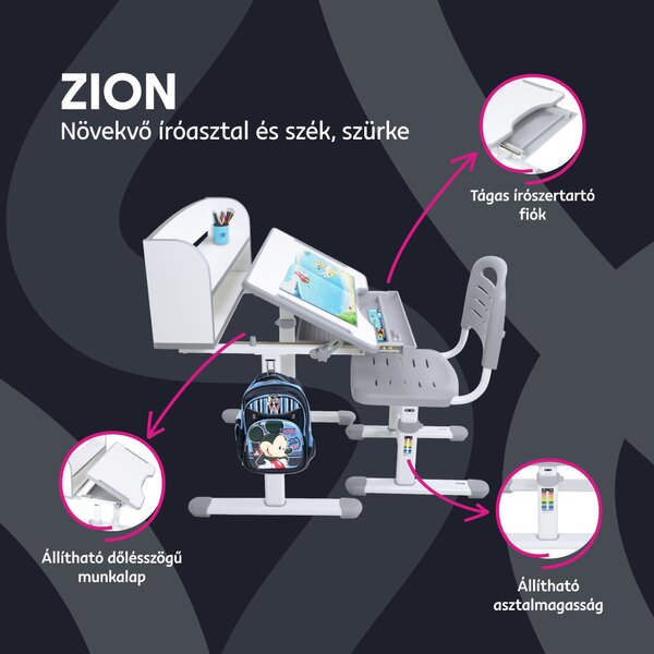 KONDELA Növekvő íróasztal és szék, szürke/fehér, set ZION