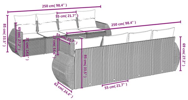 VidaXL Polyrattan Kerti Ülőgarnitúra - 9 részes, Fekete