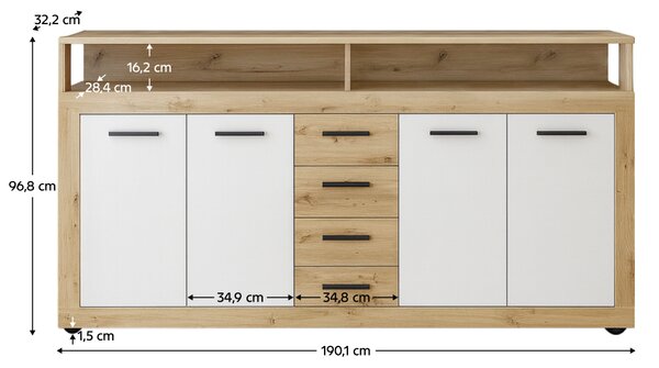 KONDELA Kombinált komód, artisan tölgy/fehér, LUNYSA