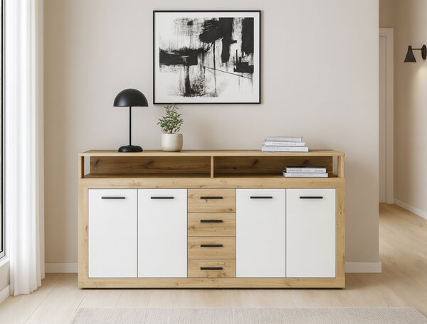 KONDELA Kombinált komód, artisan tölgy/fehér, LUNYSA