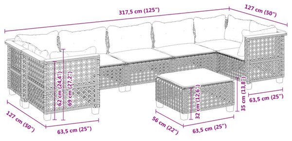 VidaXL Polyrattan Kerti Ülőgarnitúra - 8 részes - Szürke