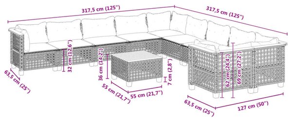VidaXL Polyrattan Kerti Ülőgarnitúra - 11 részes, Szürke