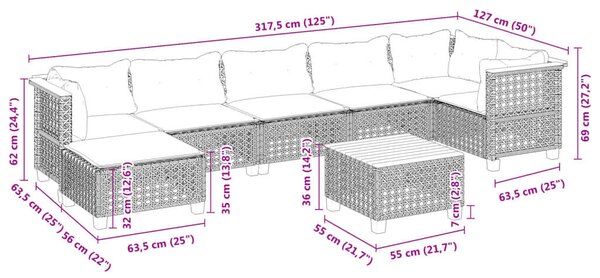 Polyrattan Kerti Ülőgarnitúra - 8 részes - Szürke