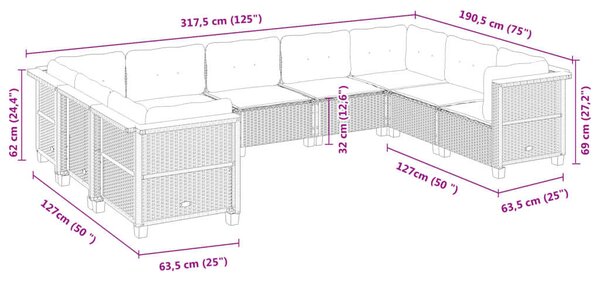 VidaXL Polyrattan Kerti Ülőgarnitúra - 9 részes - Fekete
