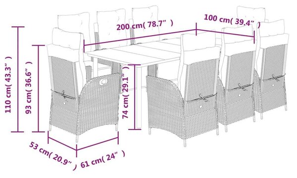 Polyrattan Kerti Étkezőgarnitúra - 9 részes - Fekete