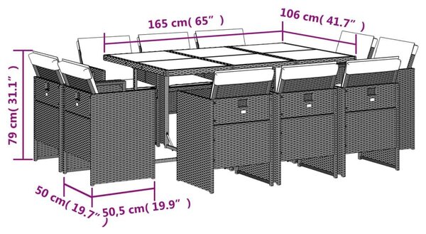 VidaXL Polyrattan Kerti Étkezőgarnitúra - 11 részes - Fekete