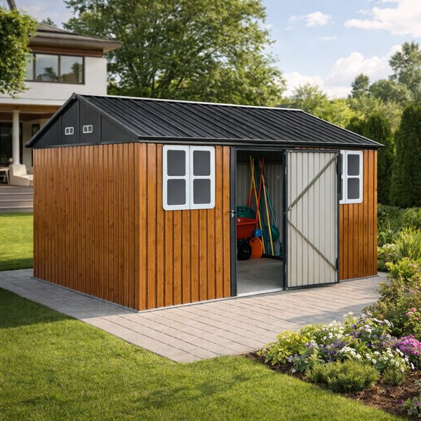 KONDELA Fém kerti szerszámtároló ház, barna/antracit, 3,6x3,1x2,5 m, GABKO