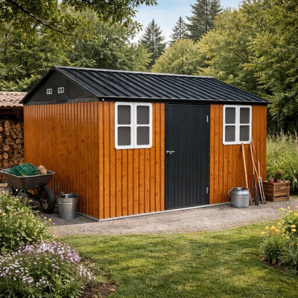 KONDELA Fém kerti szerszámtároló ház, barna/antracit, 3,6x3,1x2,5 m, GABKO