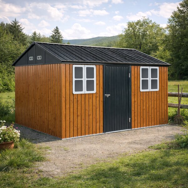 KONDELA Fém kerti szerszámtároló ház, barna/antracit, 3,6x3,1x2,5 m, GABKO