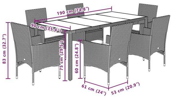 VidaXL Polyrattan Kerti Étkezőgarnitúra - 7 részes - Szürke
