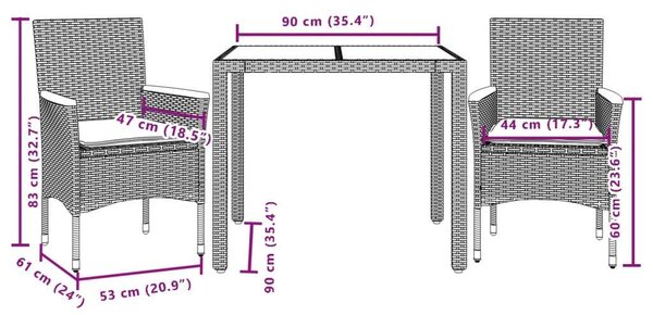 VidaXL Kerti Étkezőgarnitúra - 3 részes - Bézs Polyrattan