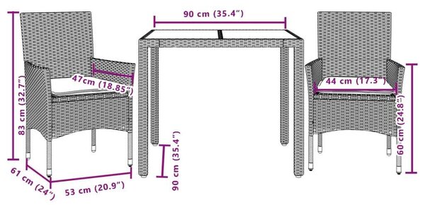 VidaXL Kerti Étkezőgarnitúra - 3 részes - Polyrattan - Szürke